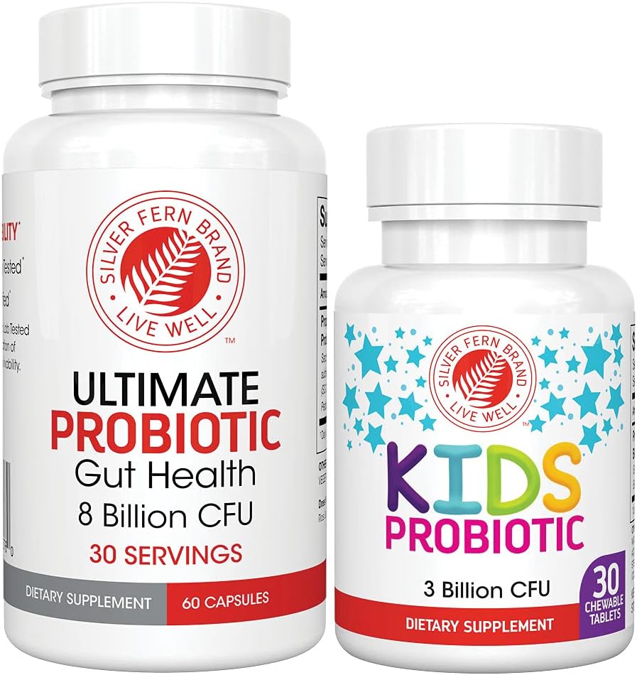 Ασημί Fern Brand οικογένεια προβιοτικά - Ultimate Adult Probiotic (1 μπουκάλι = 60 κάψουλες) Plus Ultimate Παιδικό προβιοτικό για τα παιδιά (1 μπουκάλι = 30 μασώμενα) - Υποστηρίξτε την υγεία και το μικροβιόμετρο