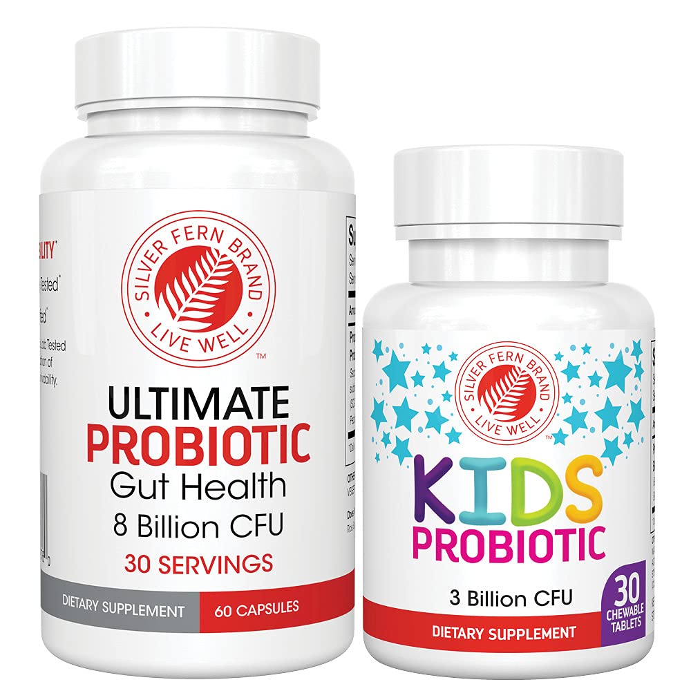 Silver Fern Brand Family Probiyotiks - Ultimate Adult Probiyotik (1 Şişe = 60 Capsules) Plus Ultimate Children's Probiyotik for Kids (1 Şişe = 30 Chewables) - Gut Health & Microbiome Support Support Support