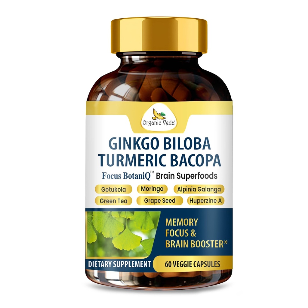 Βιολογικό συμπλήρωμα εγκεφάλου Veda Ginkgo Biloba Turmeric Bakopa για τη μνήμη, Mood & Focus με Ashwagandha - Συγκέντρωση, Ενέργεια & Εγκέφαλος Booster, Υγιεινή αρθρώσεις & Υποστήριξη Κυκλοφορίας - 60 Vegan Κάψουλες