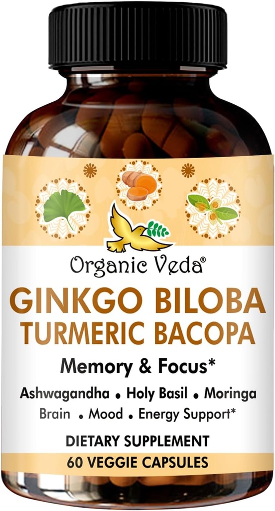 Organik Veda Ginkgo Biloba Turmeric Bacopa Brain Supplement for Memory, Mood & Focus with Ashwagandha - Concentration, Energy & Brain ATM, Sağlıklı Ortaklar ve Sörek Desteği - 60 Vegan Capsule Capsule