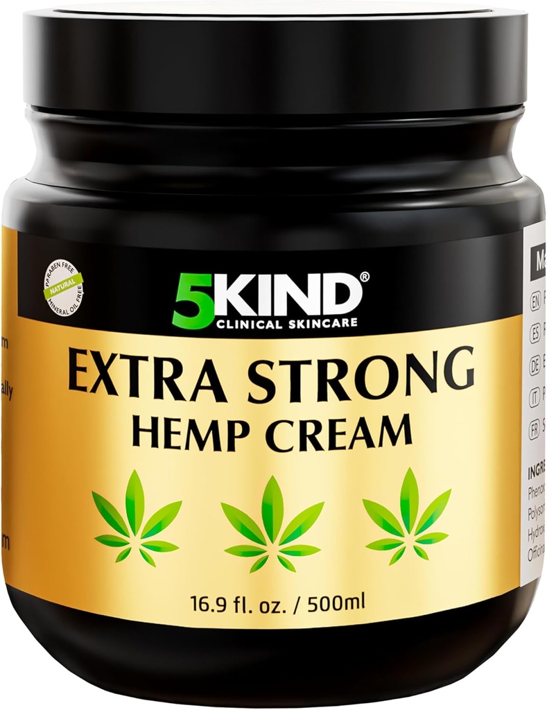 5kind Extra Strong Κρέμα κάνναβης 16,9 fl oz- Μέγιστη δύναμη - Φυσικό Ανακουφιστικό Καταπραϋντικό - Μυϊκό τρίψιμο για Χαμηλότερη πλάτη, αρθρώσεις, λαιμός, γόνατα & ώμους - Κρέμα κάνναβης μέγιστης αντοχής