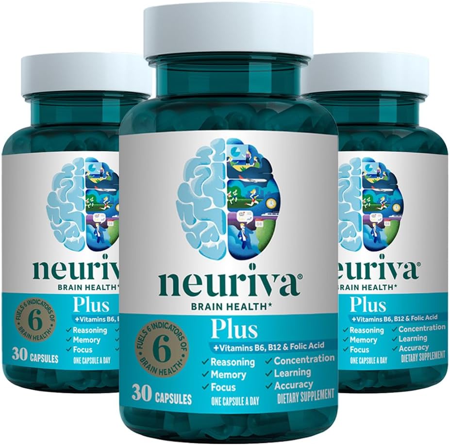 NEURIVA Plus Brain Supplement for Memory, Focus & Concentration + Cognitive Function with Klinikly Tested Nootropics Phosphatidylserine and Neurotors, VIT B6 & B12, 30 Count Capsules (3 Pack)