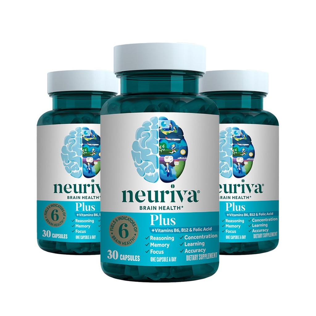 NEURIVA Plus Brain Supplement for Memory, Focus & Concentration + Cognitive Function with Klinikly Tested Nootropics Phosphatidylserine and Neurotors, VIT B6 & B12, 30 Count Capsules (3 Pack)