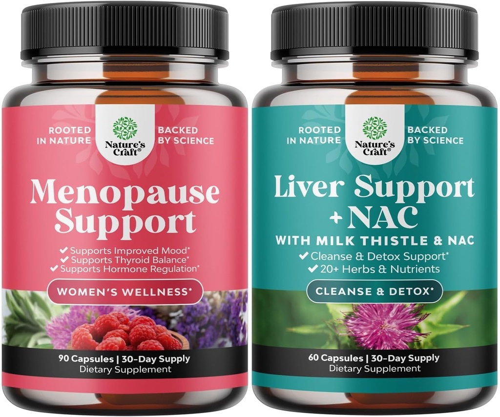Bundle of Menopause Supplement for Women with Dong Quai, Vitex Chaste Berry & Black Cohosh and Liver Support NAC Supplement with Milk Thistle, Artichoke, Choline & Beetroot for Detox & Repair