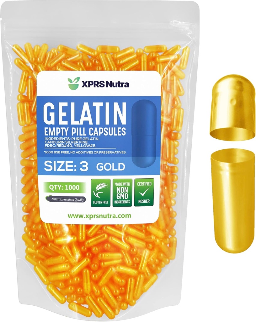 XPRS Nutra Boyutu 3 Boş Kapsüller - 1000 Kont Boş Gelatin Capsules - Pills DIY Capsule - Satılabilir Pure Bovine Pill Gel Caps For Do-It- Yourself Supplements (Gold)
