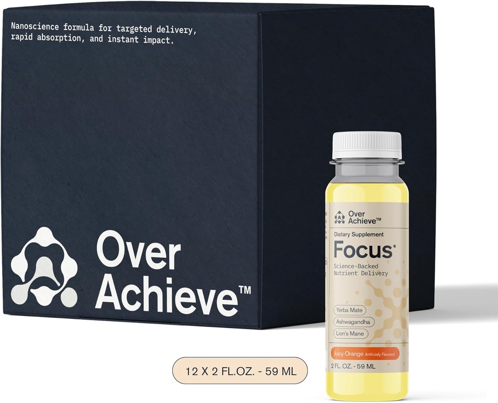 Focus Drink for Concentration- Contains Yerba Mate, Ashwagandha and Lions Mane Mushroom with Advanced Nanoscience Technology - 12 Pack Brain Focus Drink, Orange Flavor, 2oz
