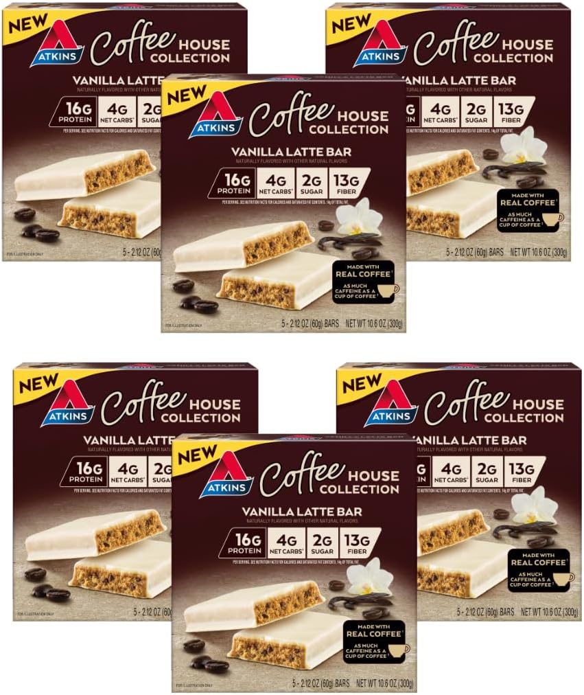 Atkins Coffee House Meal Bar, Vanilla Latte, 16g Πρωτεΐνη, 4g Net Carbs, 2g Ζάχαρη, 13g Fiber, Made with Real Coffee, 5 Count (Pack of 6)