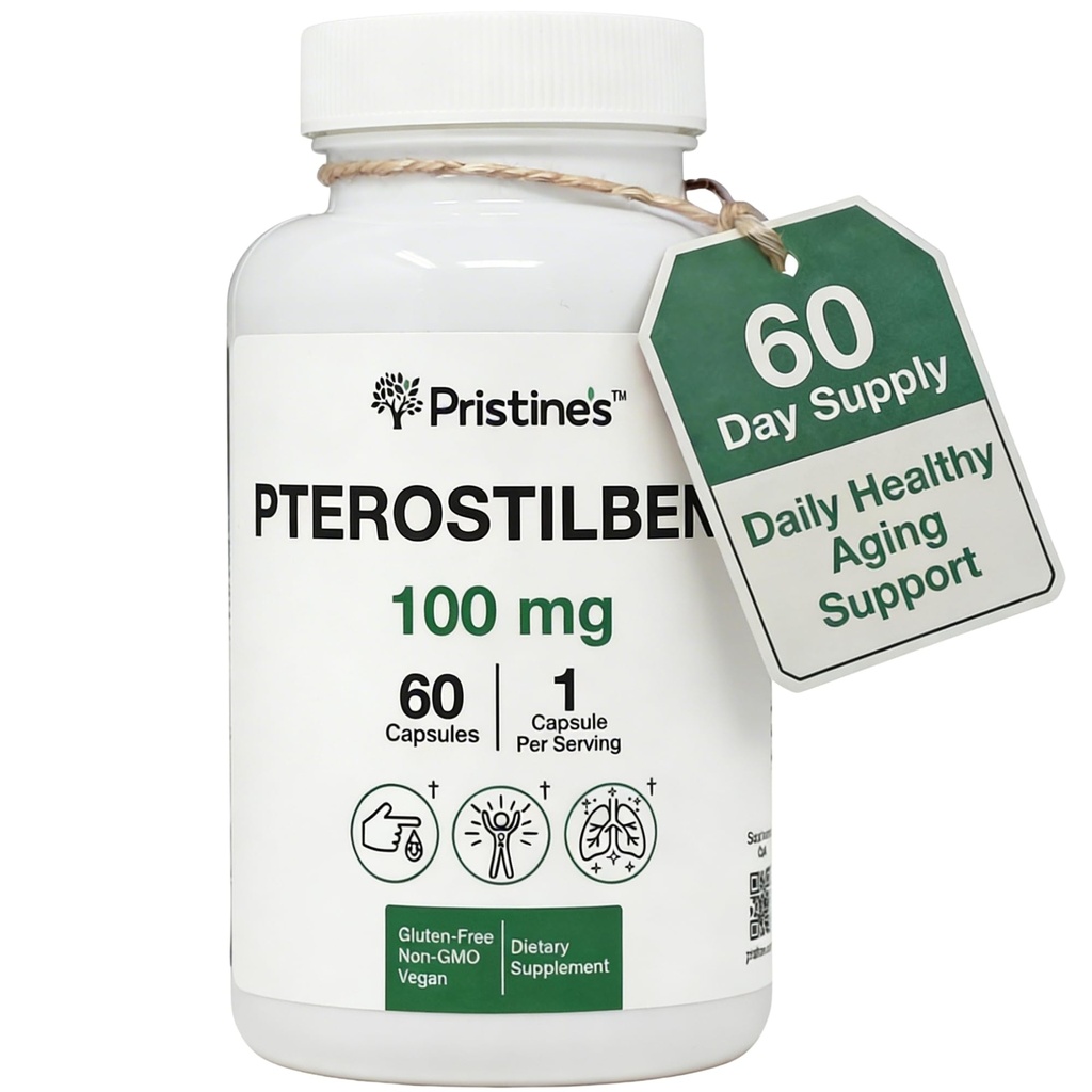 PRISTINE'S Pterostilbene 100 mg Anti Aging Supplement Capsules - 60 Day Supply - Lung Health & Spirittyoxy - High Bioavailability Vegan Non GMOMO