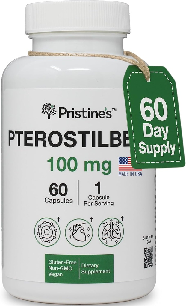 PRISTINE'S Pterostilbene 100 mg Anti Aging Supplement Capsules - 60 Day Supply - Lung Health & Spirittyoxy - High Bioavailability Vegan Non GMOMO
