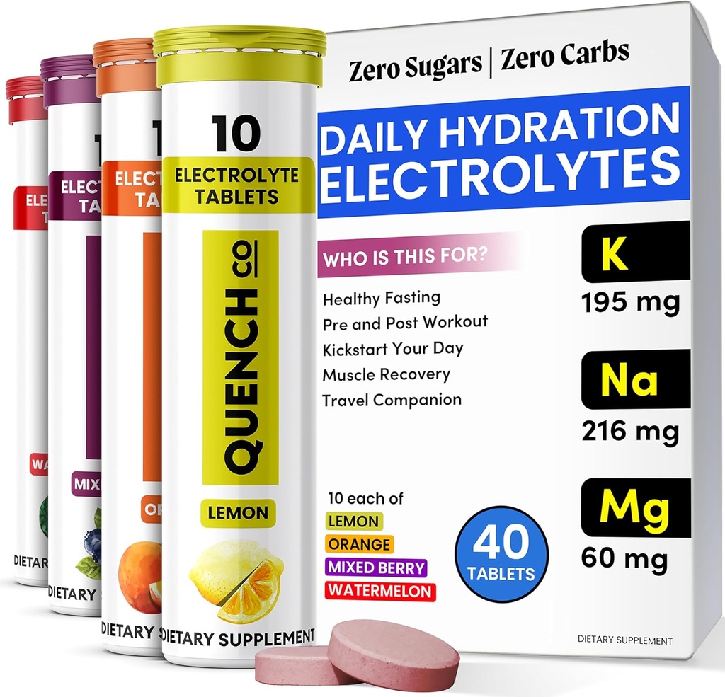 Quench Electrolyte Tabletleri 40 Kont Instant Hydration, Electrolytes, Fasting Electrolytes No Sugar for Optimal Hydration Support Not Toz - Watermelon, Orange, Karma Berry, Limon Flavors