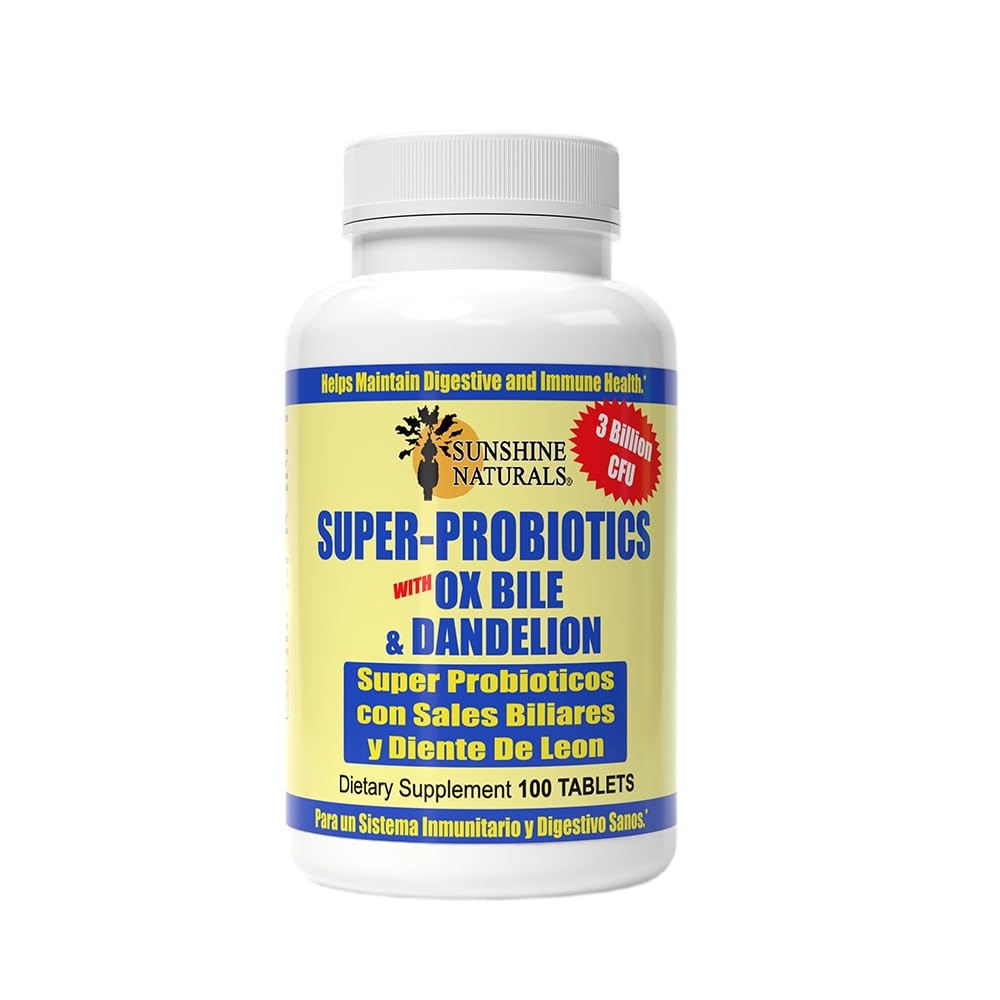 Sunshine Naturals Super Probiotics συμπλήρωμα. Βελτιώνει την πέψη, την υγεία των ούρων, την υποστήριξη του ανοσοποιητικού συστήματος και την υγιή λειτουργία του εντέρου. Προωθεί την υγιεινή χλωρίδα και ισορροπία. 100 κάψουλες. Συσκευασία των 3