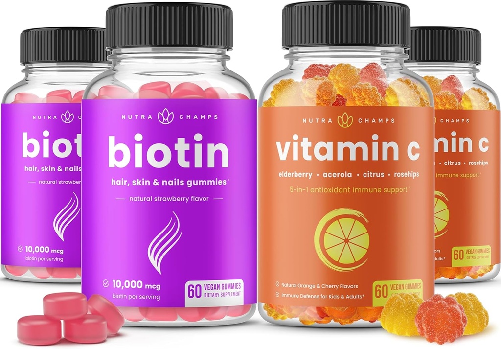 NutraChamps Biotin Gummies (2 Pack) ve Vitamin C Gummies (2 Pack) 4 Pack Sche