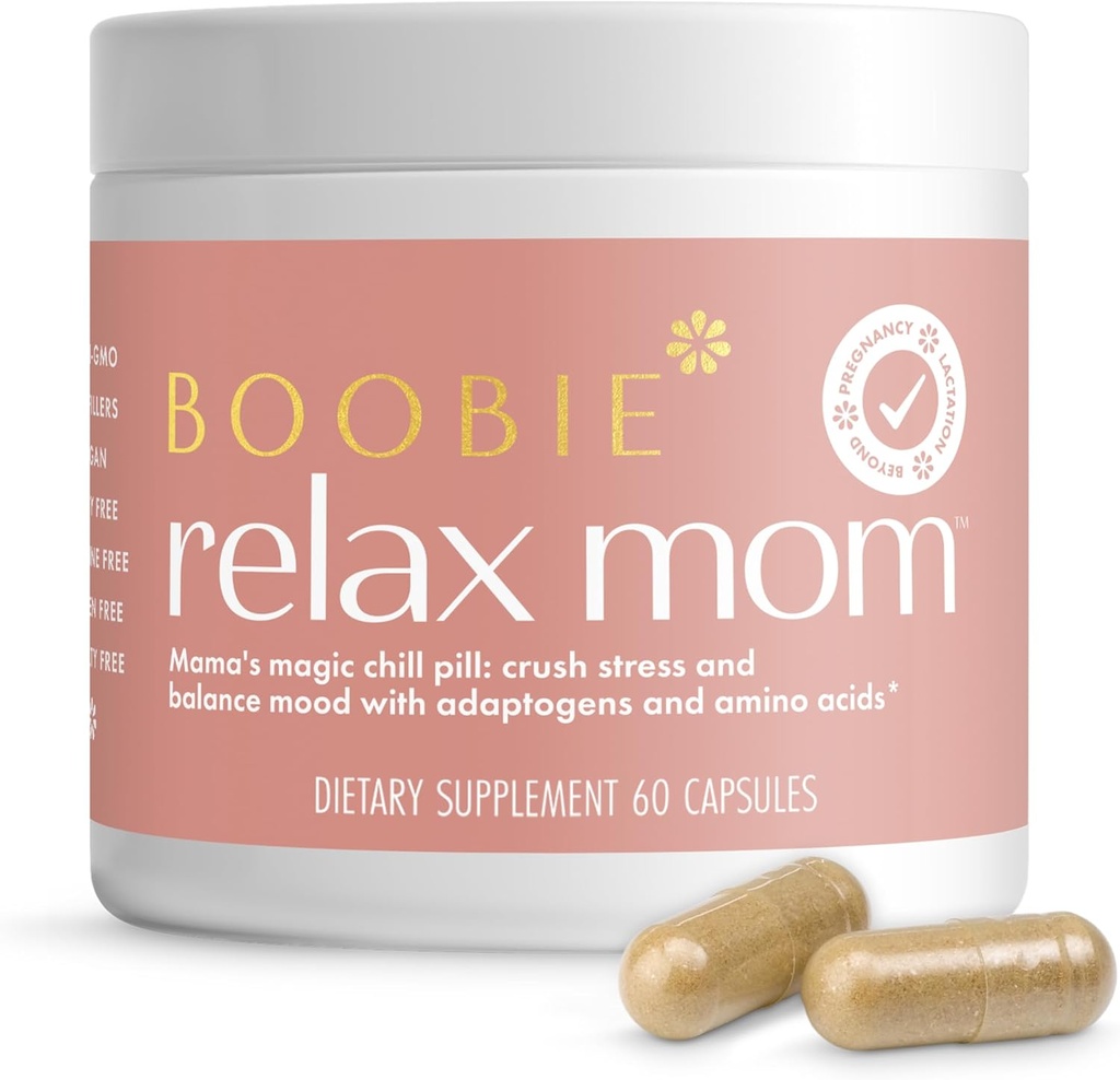 Boobie Relax Mom, Postpartum Stres Desteği Tamam | Lactation Onaylandı | Ashwagandha & L-Theanine, 60 Capsules