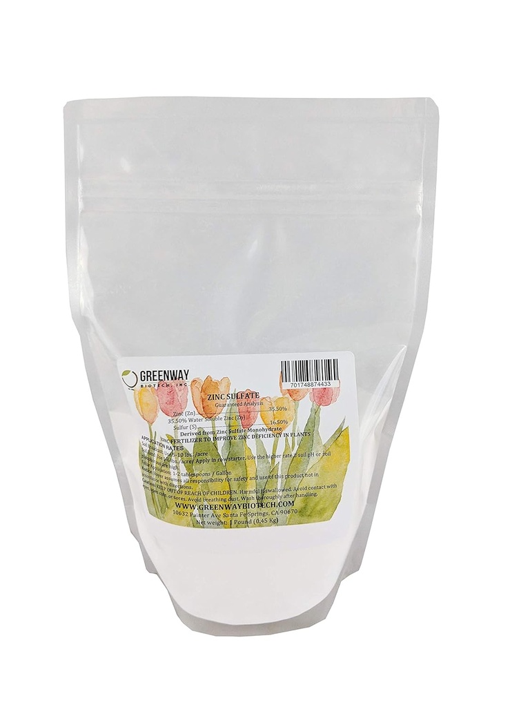 Greenway Biotech, Inc. Zinc Sulfate Powder 35.5% Monohydrate Plus 16.5% Sulfur (1 Pound)