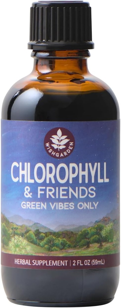 WishGarden Herbs Chlorophyll & Friends - Chlorophyll Liquid Drops with Nettle Leaf, Holy Basil, Moringa Leaf & Peppermint Leaf, Supports Artan Enerji, Sağlıklı Immune, & Stres Cevap, 2oz