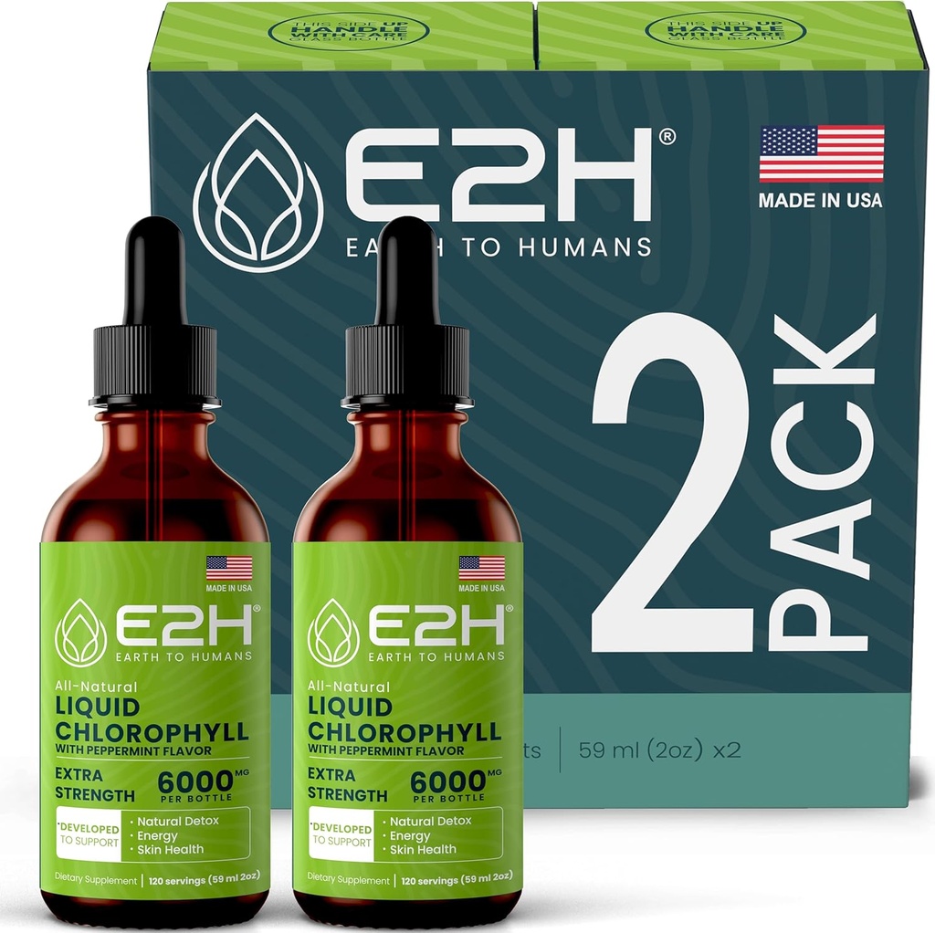Υγρές σταγόνες E2H Chlorophyl - Φυσικό ενισχυτικό ενέργειας, υποστήριξη ανοσοποιητικού συστήματος και εσωτερικό αποσμητικό - άρωμα μέντας - (2 μπουκάλια)