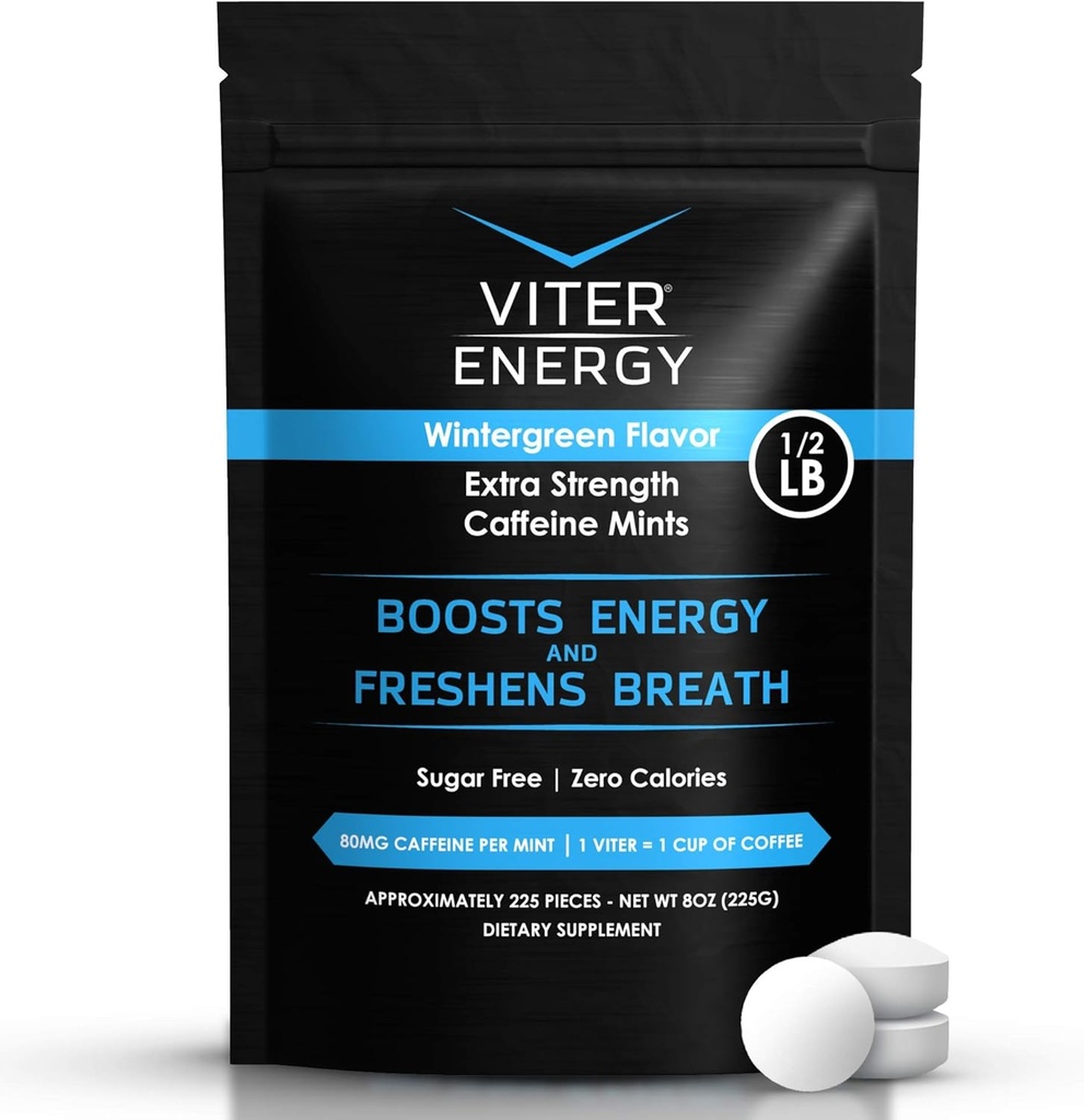 Viter Energy Extra Strength Caffeinated Mints 80 mg Caffeine, B Vitaminleri, Sugar Free. (Wintergreen, 8oz, Bulk Bag)