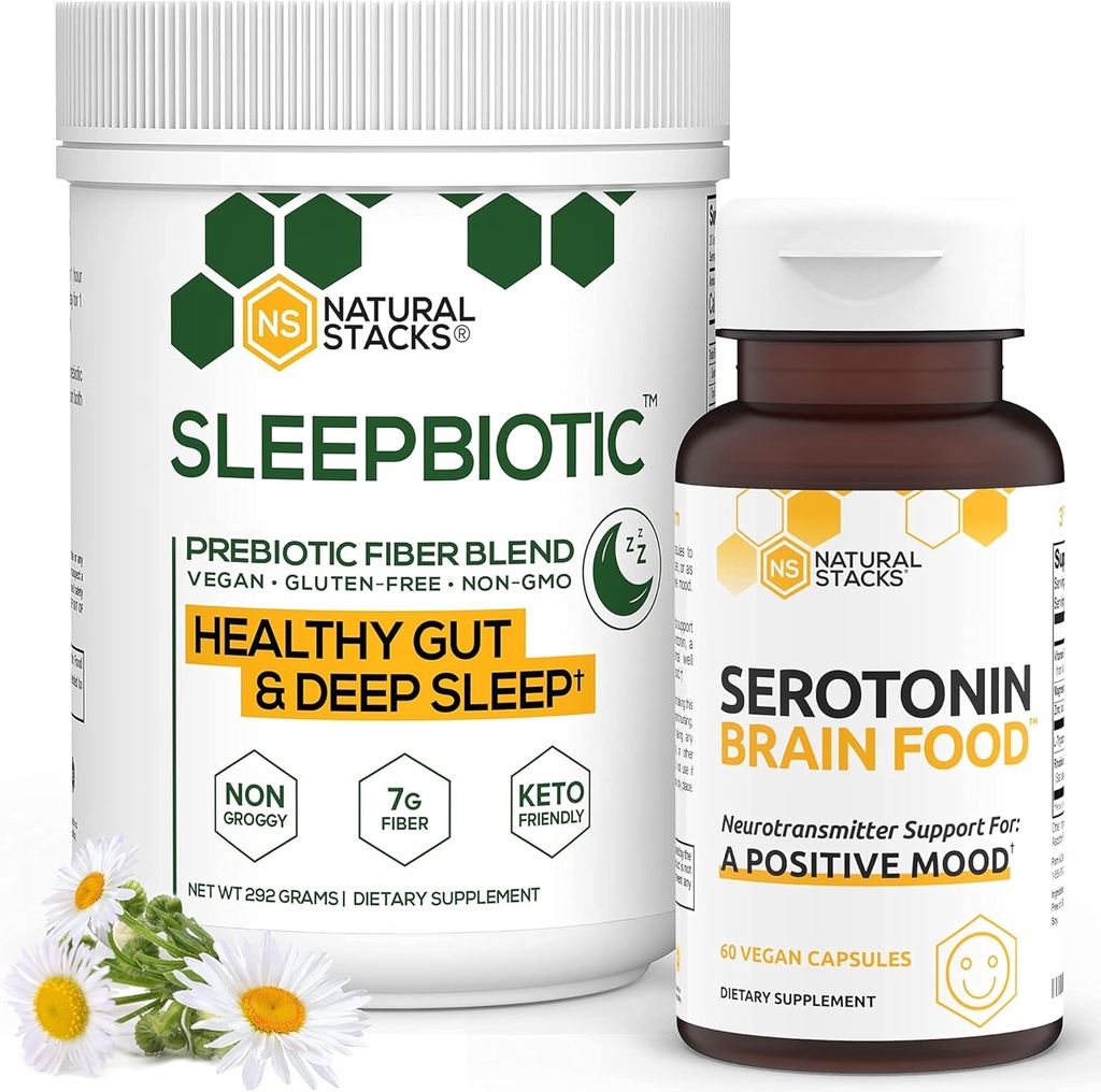 Natural Stacks Supplements Sche - SleepBiotic Prebiyotik Fiber (292g) + Serotonin Supplement (60caps) - Mood & Energy Boost, mental Health, Gut Health ve Better Sleep
