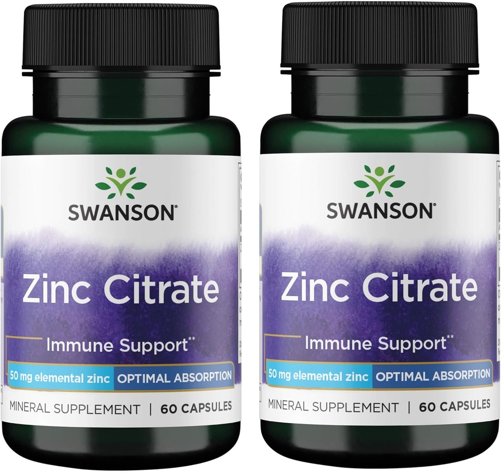 Swanson çinko Citrate - Mineral Supplement Sağlıklı Vizyon ve Immune Sistemi Sağlık - Doğal Formula Genel Wellness - (60 Capsules, 50 mg Her) (2 Pack)