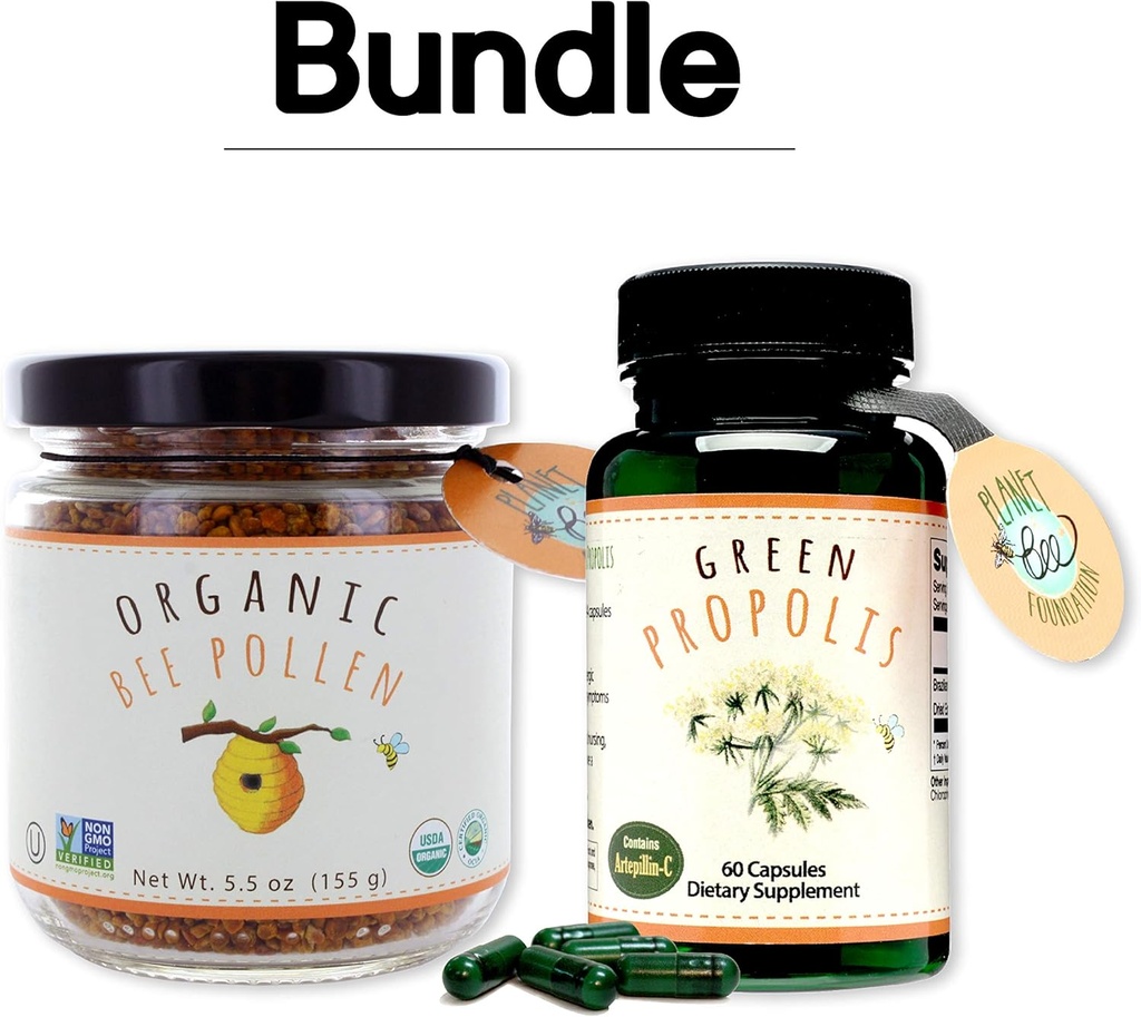 Greenbow Organik Arılar -% 100 USDA sertifikalı Organik, Pure, Natural Bee Pollen - Superfood Proteinler, Vitaminler ve Mineraller- 155g Green Propolis 60 kapaklar