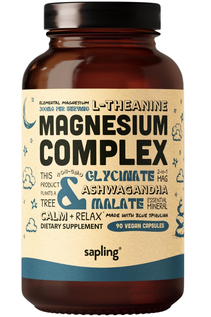 Magnezyum Glycinate Kompleksi - Chelated Magnezyum Glycinate with Malate, Organic Ashwagandha, L-theanine & Blue Spirulina - High Abors, Vegan, Non-GMO, 300 mg, 90 Veggie Caps