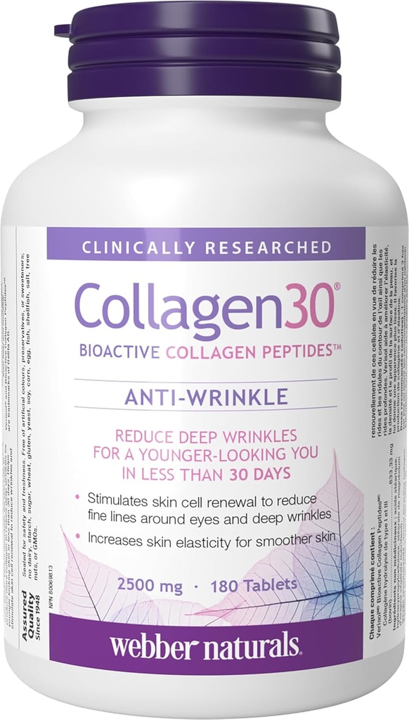 Webber Naturals Collagen30 Anti-Wrinkle, 500 mg of Bioaktif Collagen, Per Servis, 180 Tablet, Derin Wrinkles, Fine Lines & Stimulates Skin Hücreleri, GMO, Dairy & Gluten Free