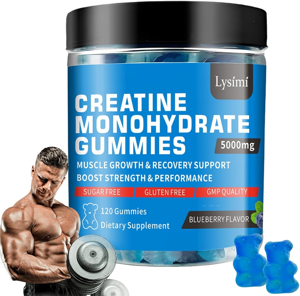 Creatine Monohydrate Gummies - 5g Creatine Monohydrate per Serving- Αυξήστε τη δύναμη και τη δομή των μυών, χωρίς ζάχαρη, Vegan, Blueberry Flavor, Κάθε μπουκάλι/120 κάψουλες, για άνδρες & γυναίκες (1)