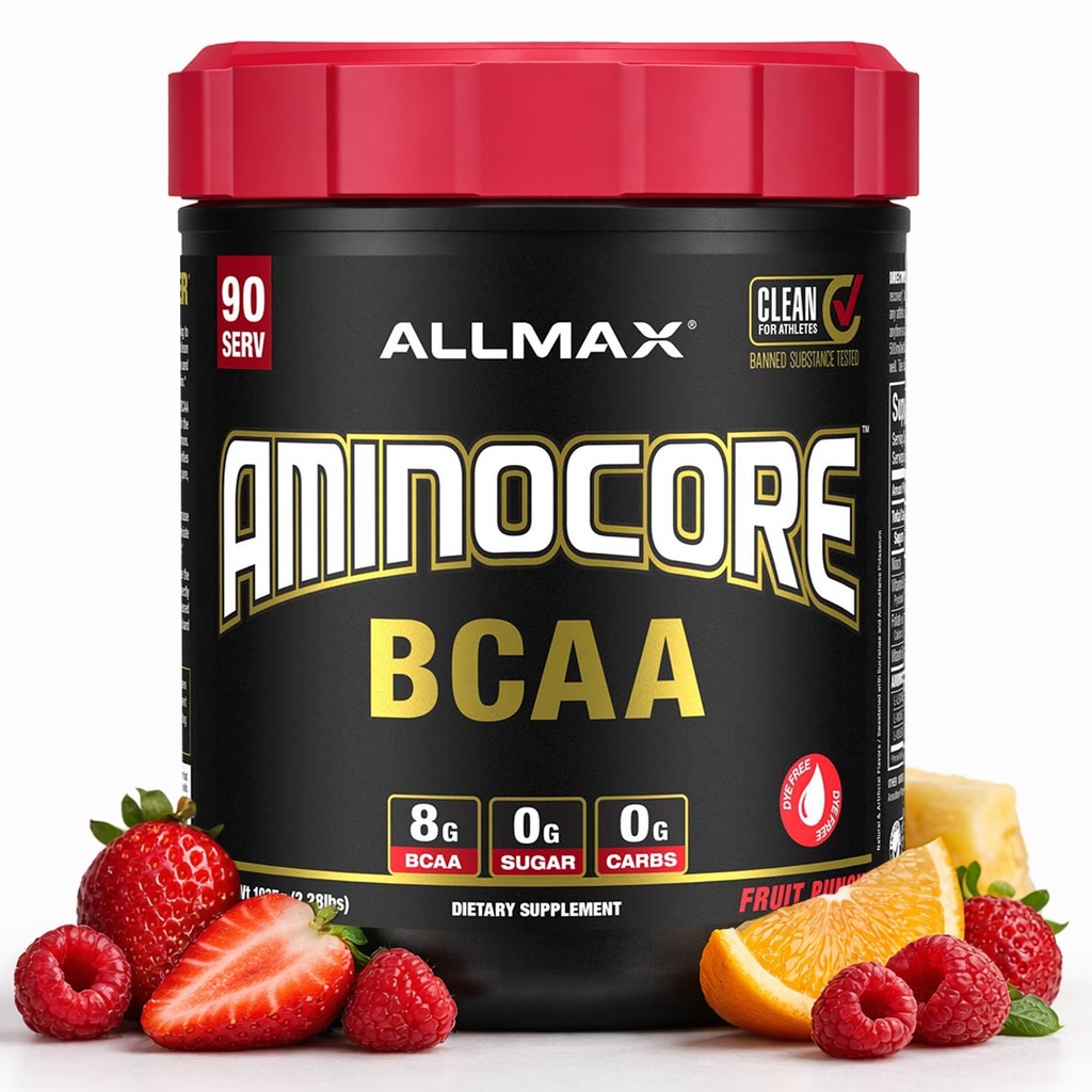 ALLMAX Διατροφή AMINOCORE BCAA, Φρούτα Punch - 945 g Κόνις - 8,18 γραμμάρια Διαχωρισμένης Αλυσίδας Αμίν Οξέα ανά σερβίρισμα - με Βιταμίνες Β - Χωρίς πληρωτικά ή μη BCAA Aminos - Χωρίς ζάχαρη - 90 Σερβιέτες