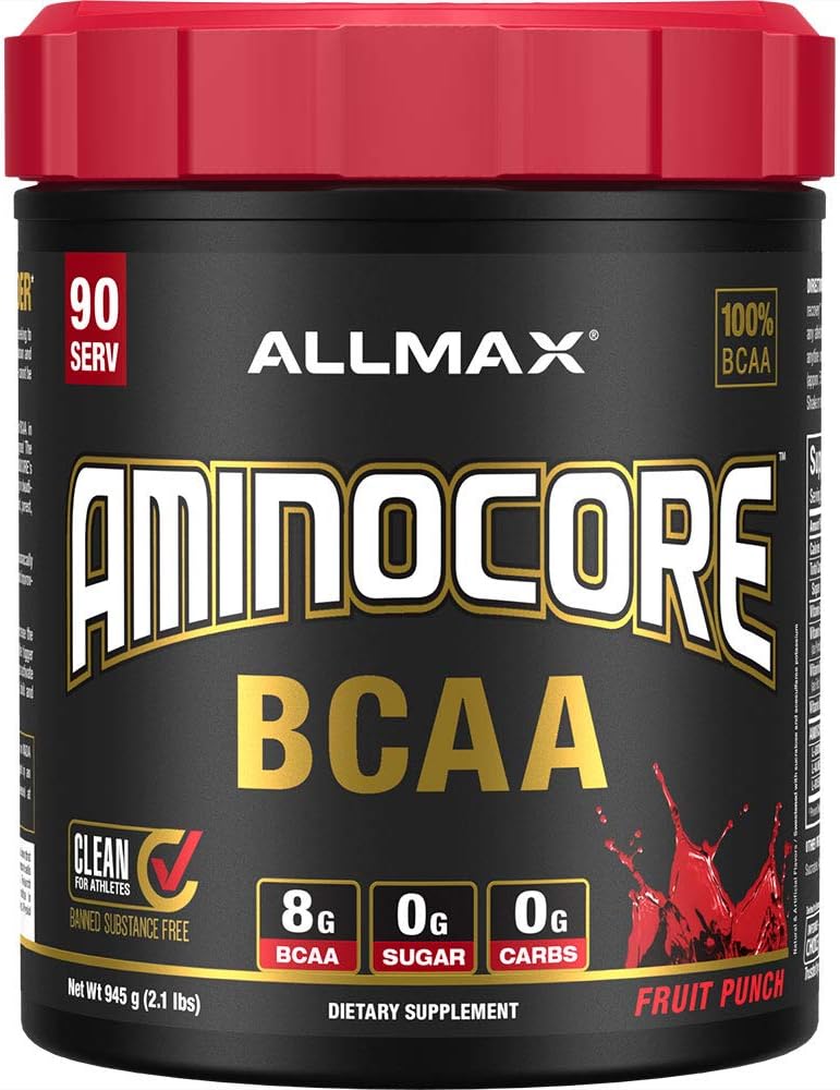 ALLMAX Διατροφή AMINOCORE BCAA, Φρούτα Punch - 945 g Κόνις - 8,18 γραμμάρια Διαχωρισμένης Αλυσίδας Αμίν Οξέα ανά σερβίρισμα - με Βιταμίνες Β - Χωρίς πληρωτικά ή μη BCAA Aminos - Χωρίς ζάχαρη - 90 Σερβιέτες