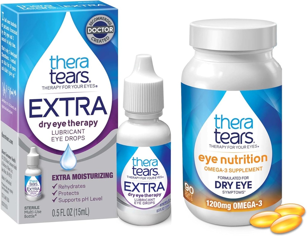 TheraTears 1200mg Omega 3 Supplement for Eye Nutrition,Organic Flaxseed Triglyceride Fish Oil & VIT E,90 Count Eye Drops, Extra Dry Eye Therapy,15 mL,0.5 Fl oz