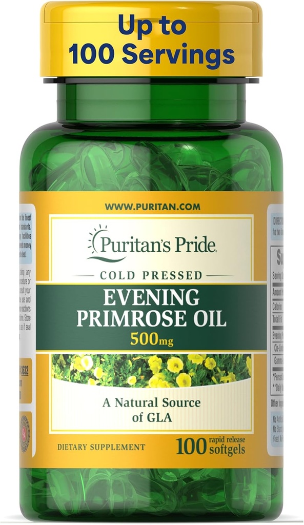 Puritan's Pride Cold Pressed Evening Primrose Oil 500 mg with GLA, Dietary Support Supplement for Womens and Skin Health, 100 Rapid Release Soft Gels