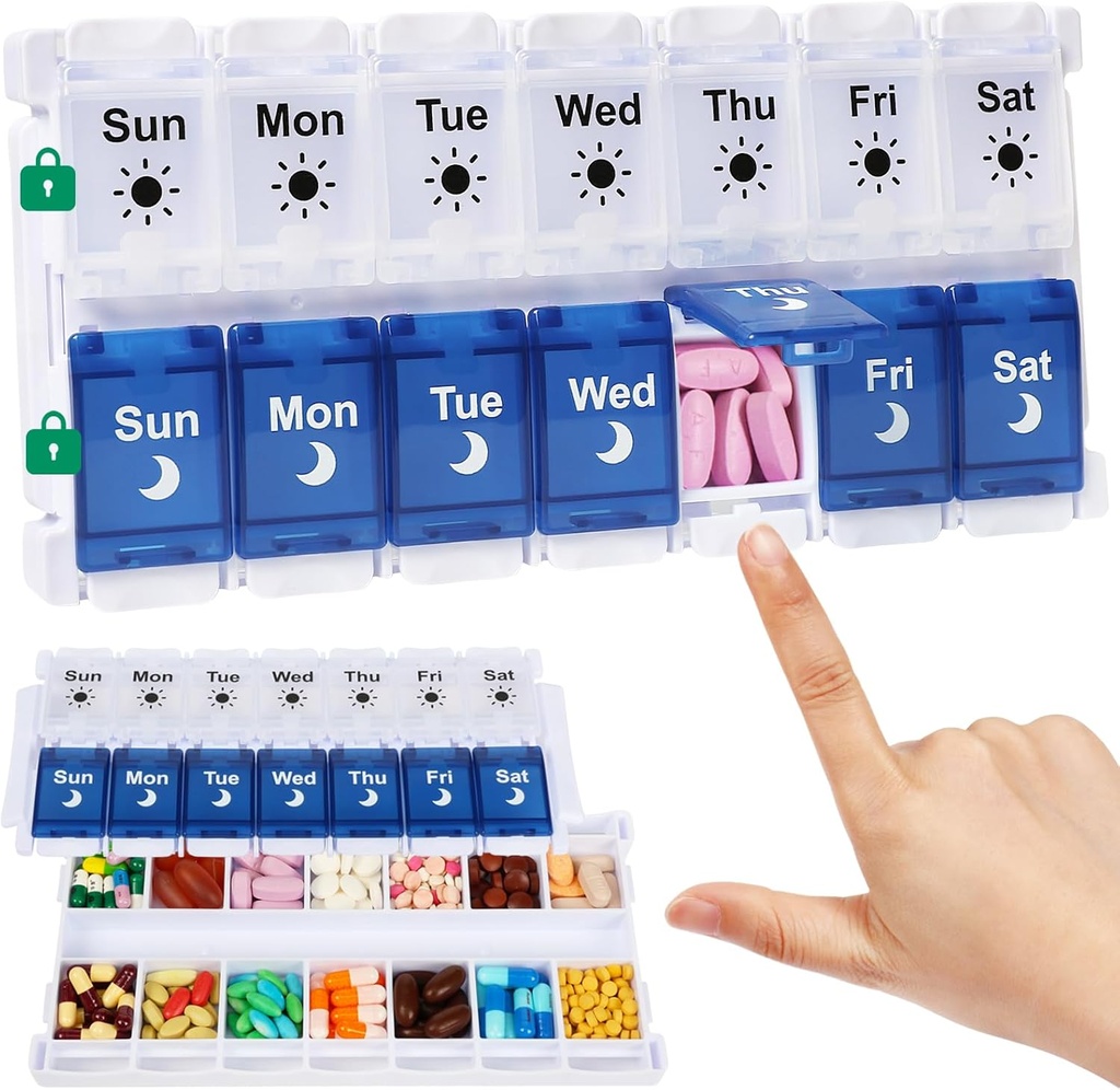 Shintop Weekly Pill Organizer 2 Times a Day, Easy Fill Am Pm Pill Box 7 Day Push Tekerlekli Tıp A Vitaminleri İçin Günlükleri Tamamlar (Mavi & Beyaz)