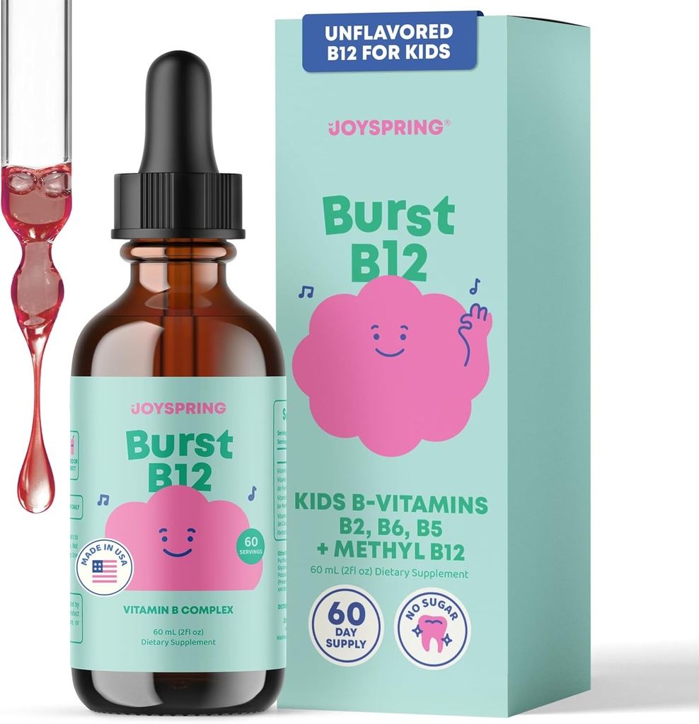 JoySpring Burst B12 Drops - Çocuklar için B Kompleks (2 fl oz) B2, B6, B5 + Mecobalamin B12 Çocuklar Sağlıklı Büyüme ve Geliştirmeyi Desteklemek için Tamamlandı, B Vegan B12, 2-16+ | 60 Hizmetler