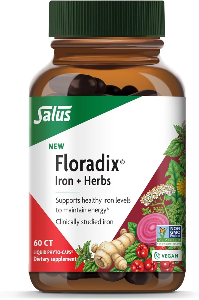 Floradix Iron + Herbs - Sağlıklı Enerji Desteği için Demir Supplement* - Kırmızı Kan Hücre Formasyonunu Destek - Vegan, Non-GMO, Gluten-Free, Soy-Free - 60 Sıvı Phyto-Caps