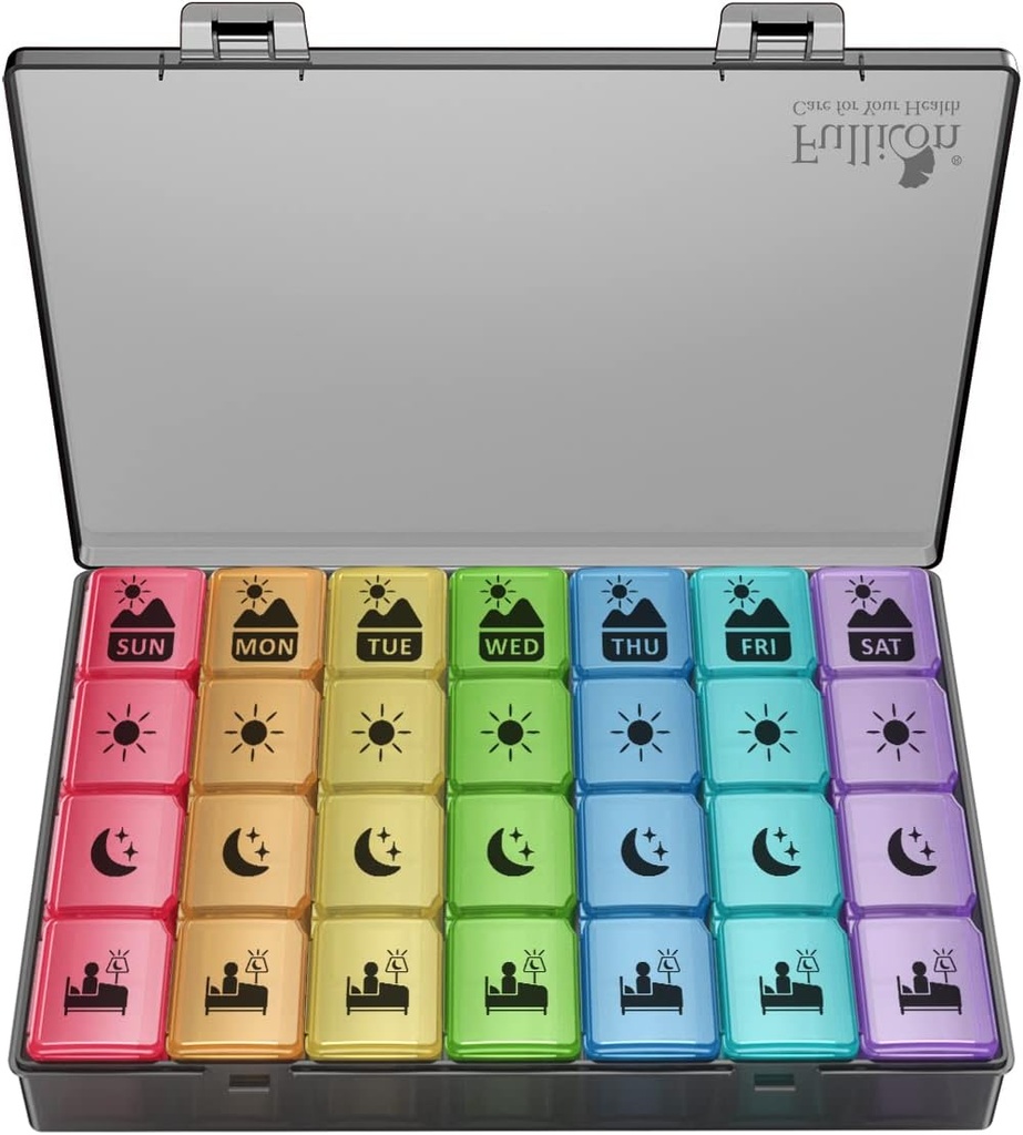 Ekstra Büyük Haftalık Pill 4 Times a Day, Fullicon XXL Büyük Pill Box, 7 Günlük Tıp Organizecı, Black Pill case for Vitamin/Fish Oil /Supplements