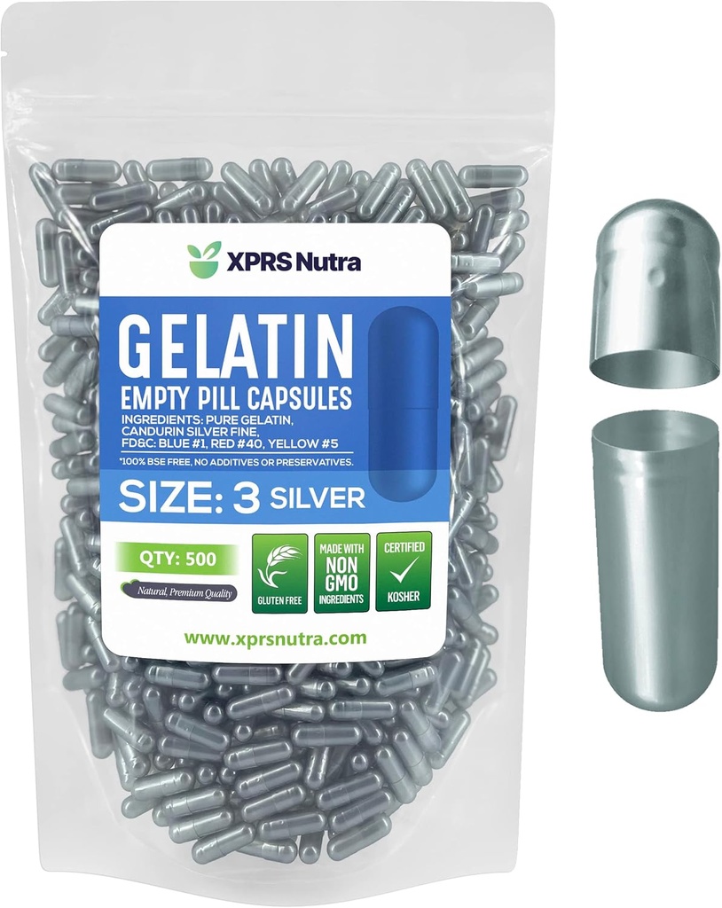 XPRS Nutra Boyutu 3 Boş Kapsüller - 500 Kont Boş Gelatin Capsules - Pills DIY Capsule - Pure Bovine Pill Gel Caps Do-It- Yourself Vitamins and Supplements (Silver)