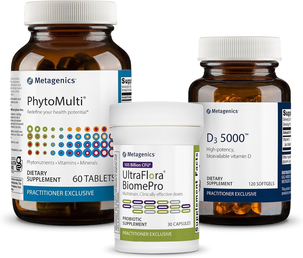 Metagenics Phyto Multi Without Iron - 60 Tablet, D3 5000-120 Softgels ve UltraFlora BiomePro - 30 Capsules