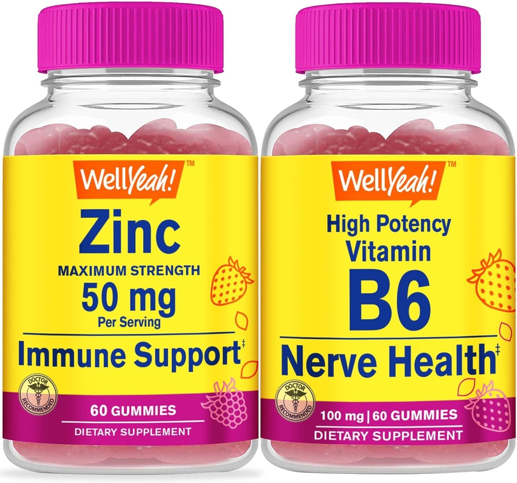 WellYeah Ψευδάργυρος + Υψηλή ισχύς Βιταμίνη B6, Gummies Bundle - Μεγάλη γεύση, συμπλήρωμα βιταμίνης, χωρίς γλουτένη, GMO δωρεάν, Μασώμενα Gummy