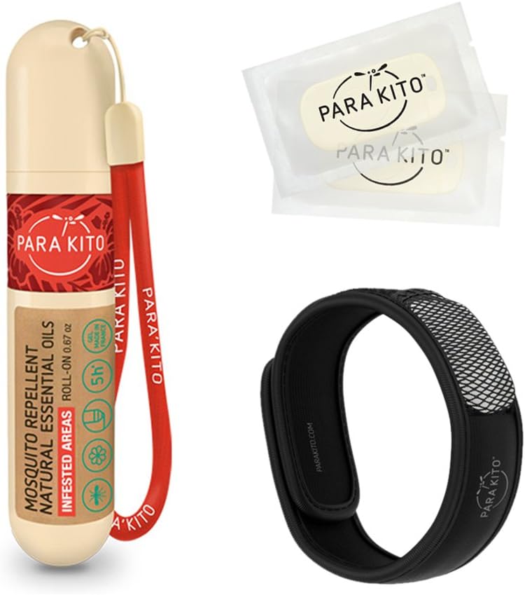 PARA'KITO Mosquito Repellent Bundle, 1 Mosquito Repellent Bracelet, 1 Roll-on Gel, Bug Repellent Bracelets, Wearable Mosquito Repellent Devices, Black