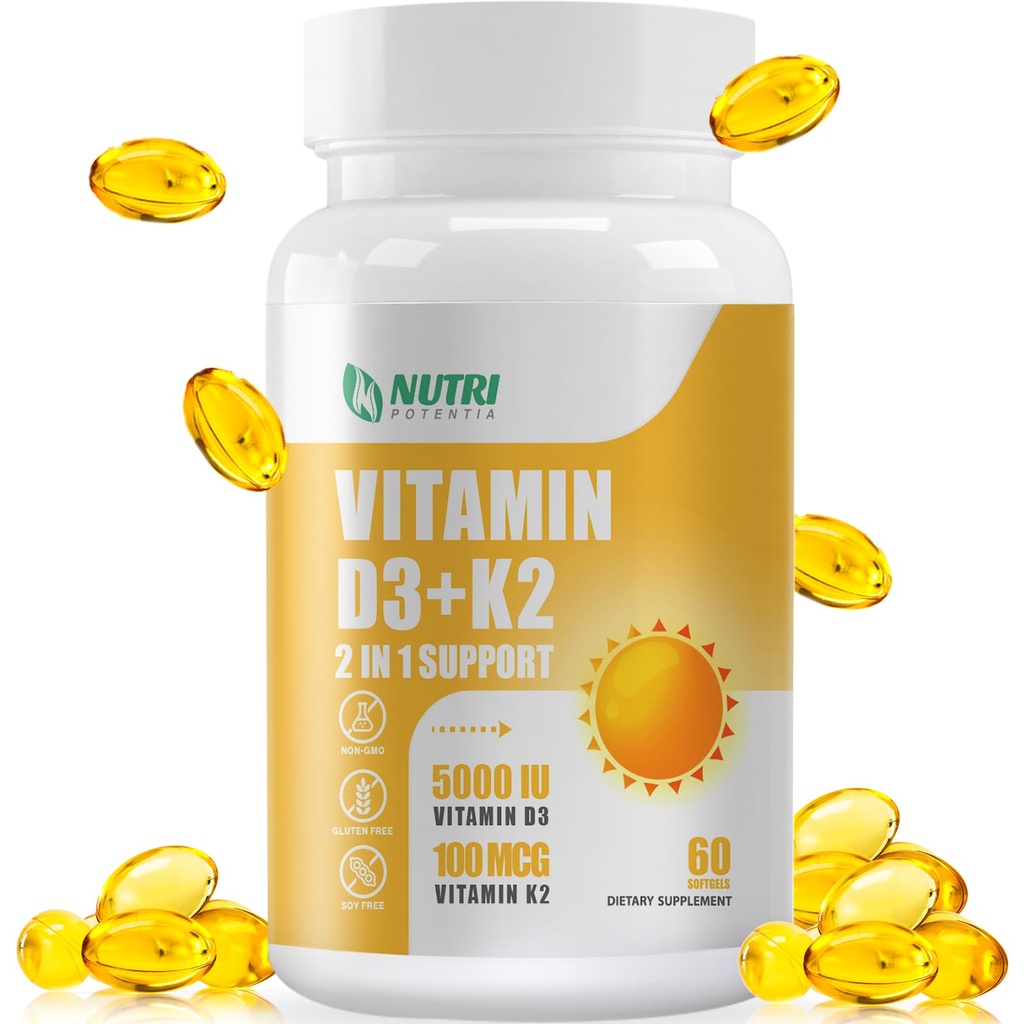 D3 MCT Oil ile K2 Vitamin D3 5000 IU ve K2 100 Telefon, Kemik ve Kalp Sağlığı için 1'de Formula 2, Gluten Free - 60 Softgels