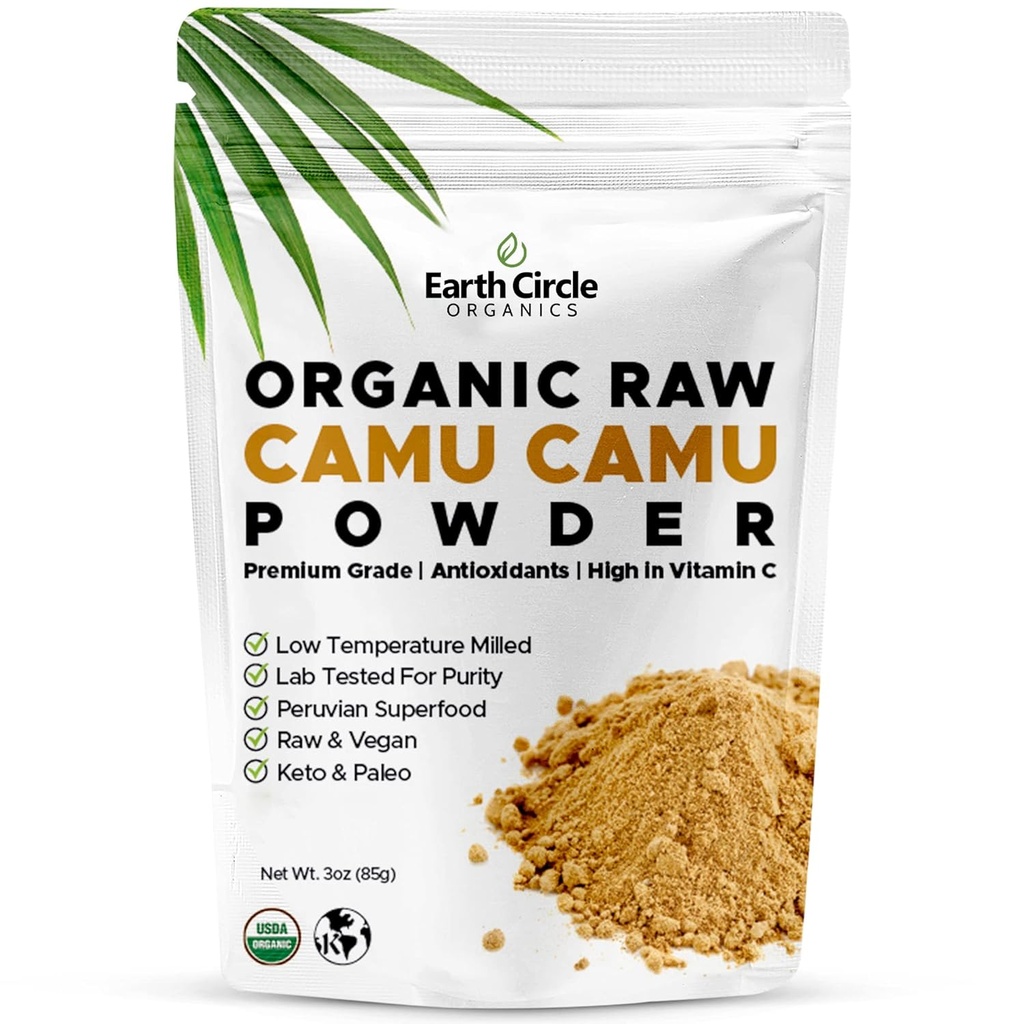 Earth Circle Organics Camu Camu Powder – Βιολογική Ακατέργαστη σκόνη καρπού με Φυσική Βιταμίνη C & Αντιοξειδωτικά – Vegan, Kosher, Μη ΓΤΟ Superfood για Ανοσία & Ενέργεια – 3oz (Pack of 1)