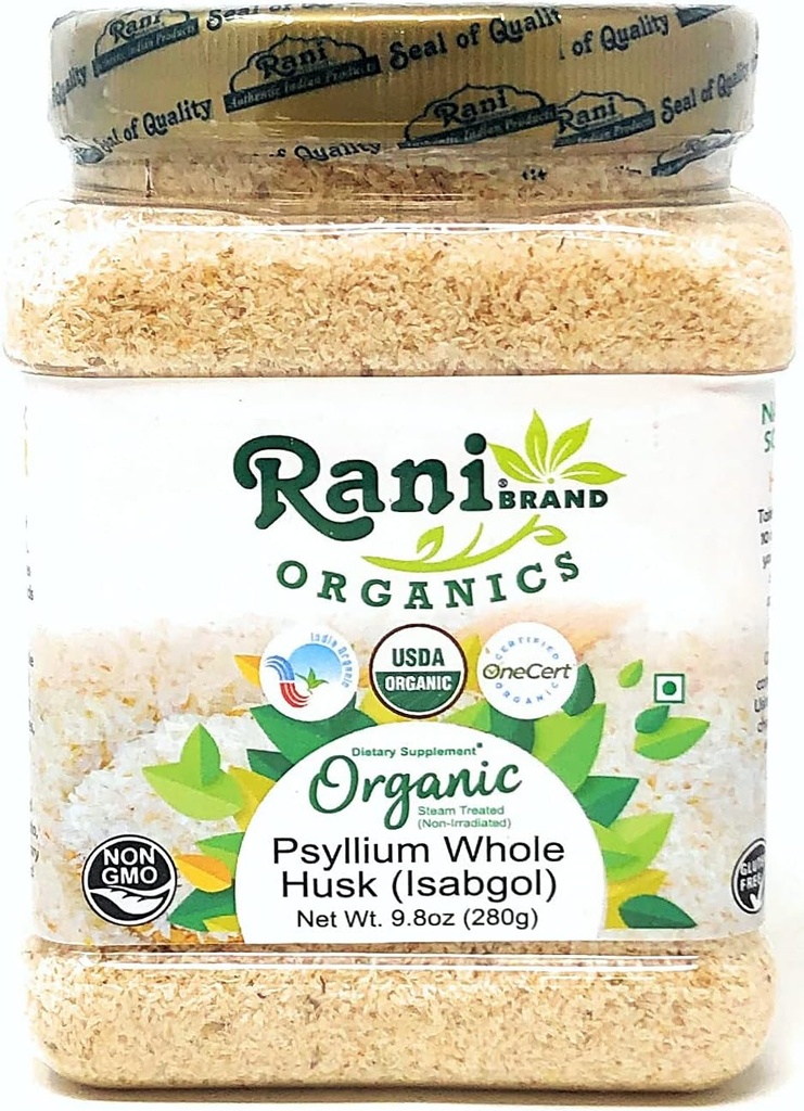 Rani Organics Psyllium Whole Husk Toz (Isabgol), Diyetsel Fiber Supplement, USDA Organik 9.8oz (280g) PET Jar - All Natural | Vegan | Gluten Friendly | Non-GMO | Hint Origin