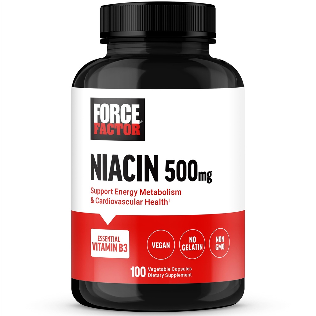 FORCE FACTOR Niacin Vitamin B3 Hücreleri Enerji ve Cardiovasüler Sağlık, Niacin 500 mg Heart-Health Supplement, Vegan, No Gelatin, Non-GMO, 100 Sebze Capsules