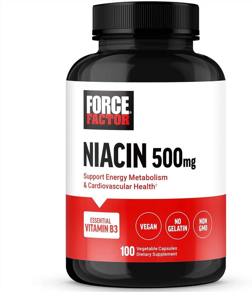 FORCE FACTOR Niacin Vitamin B3 Hücreleri Enerji ve Cardiovasüler Sağlık, Niacin 500 mg Heart-Health Supplement, Vegan, No Gelatin, Non-GMO, 100 Sebze Capsules
