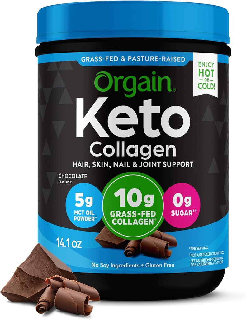 Orgain Keto Collagen Protein Powder, Chocolate - 10g Grass Fed Hydrolyzed Collagen Peptides for Women & Men, Type I & III, 5g MCT Oil - Hair, Skin, Nail, & Joint Support, Non-GMO, Gluten Free - 0,88lb