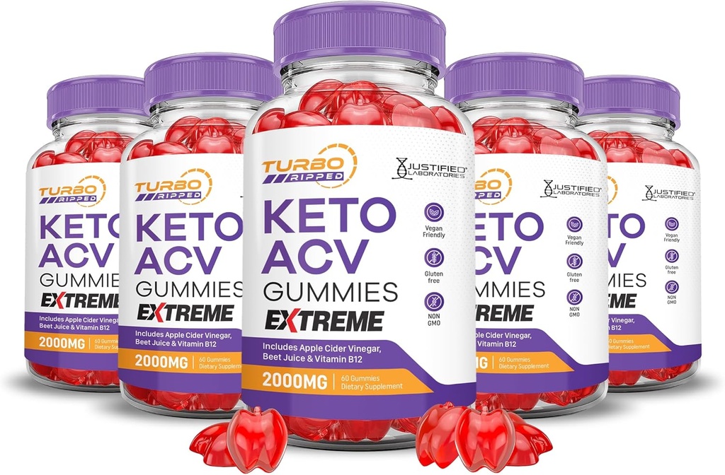(5 Pack) Turbo Ripped Keto ACV Gummies Extreme 2000MG Turbo Ripped Chem Gummies Apple Cider Vinegar Formulated with Pomegranate Beet Juice B12 Vegan Non GMO 300 Gummys