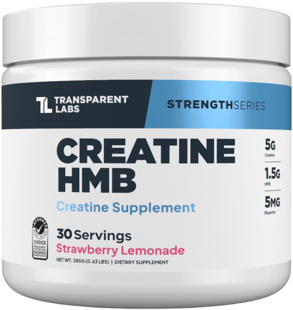 Διαφανή εργαστήρια Creatine HMB - Creatine Monohydrate Powder με HMB για μυϊκή ανάπτυξη, αυξημένη δύναμη, αυξημένη έξοδος ενέργειας, και βελτιωμένη αθλητική απόδοση - 30 εξυπηρετήσεις, λεμονάδα φράουλα