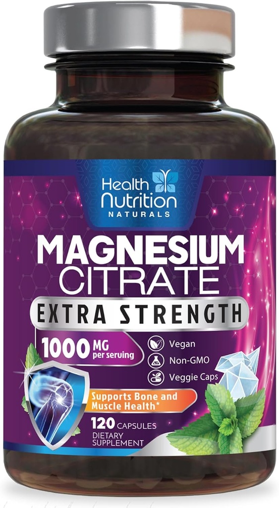 Magnezyum Citrate Capsules 1000 mg - Max Abors Magnezyum Toz için, Nerve, Bone and Heart Health Support, High Abxia Citrate Complex, Gluten Free, Non-GMO - 120 Capsules