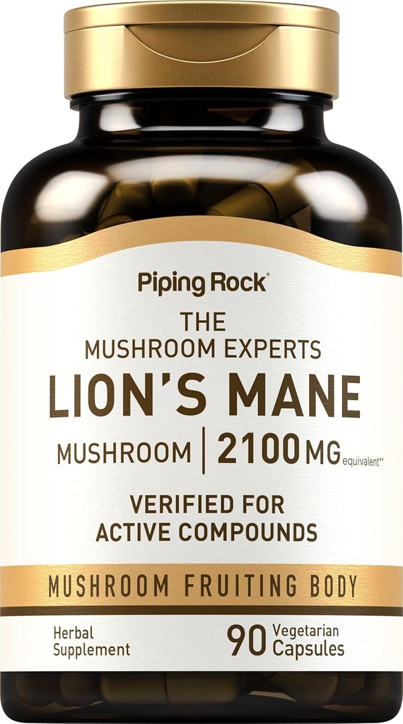 Piping Rock Lions Mane Supplement Capsules | 2100 mg | 90 Kont | Mushroom Meyvesi Erkekler ve Kadınlar için Vücut Takibi | Hericium Erinaceus | Vegetarian, Non-GMO, Gluten Free