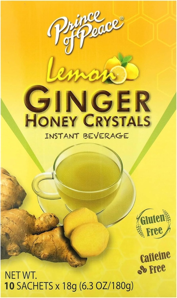 Barış Prensi: Doğal Limon Ginger Honey Crystals, 10 Sachets – Nausea Relief ve Soothes Throat için Anında Sıcak veya Soğuk İçecek – Brew Ginger ve Honey Crystals